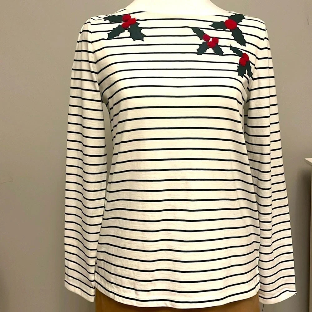 Talbots NWOT Christmas Striped L/ Sleeve‎ Top w/Holly decorative patches Sz:Sp